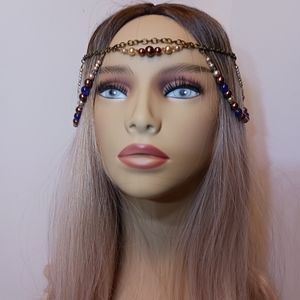 Beaded Headpiece Faux pearls and glass beads. Bronze chain crown band.